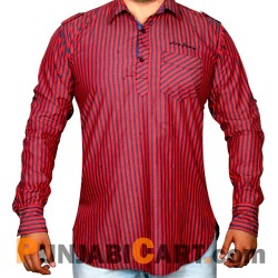 Men's Short Kurta - Striped (Red)
