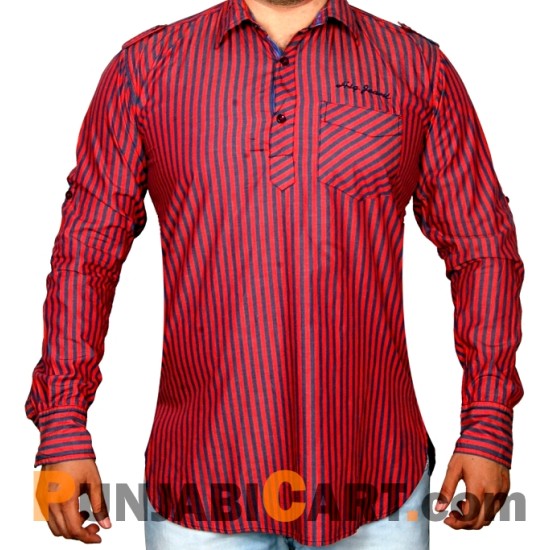 Men's Short Kurta - Striped (Red)