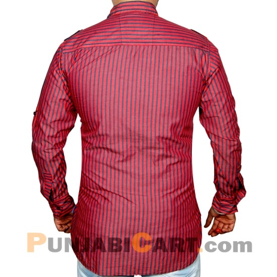 Men's Short Kurta - Striped (Red)